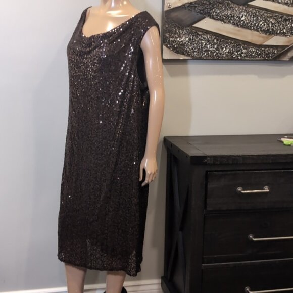 Vintage Full Sequin Cocktail Dress Sleeveless Cowl Formal Plus Size 24 Brown - Picture 5 of 10